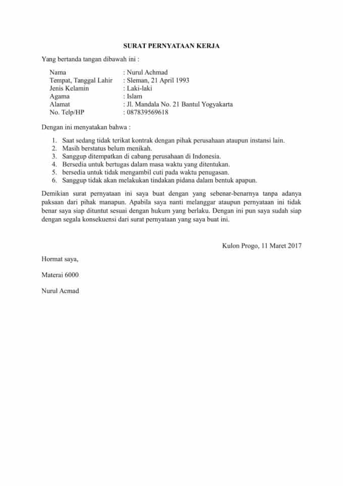 Contoh Surat Pernyataan Kerja