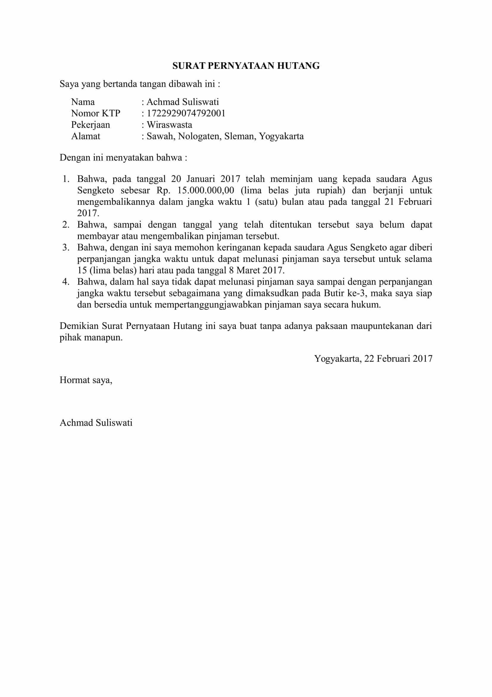 Contoh Surat Pernyataan Perjanjian Pembayaran Hutang - Nusagates
